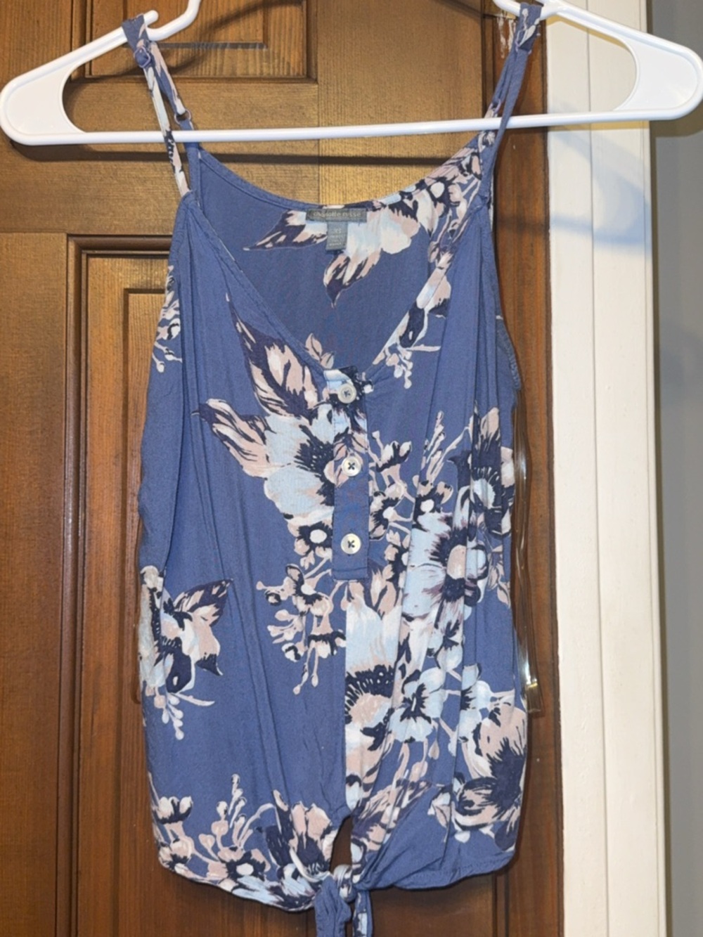 Charlotte Russe Blue Floral Tie-Front Spaghetti Strap Tank